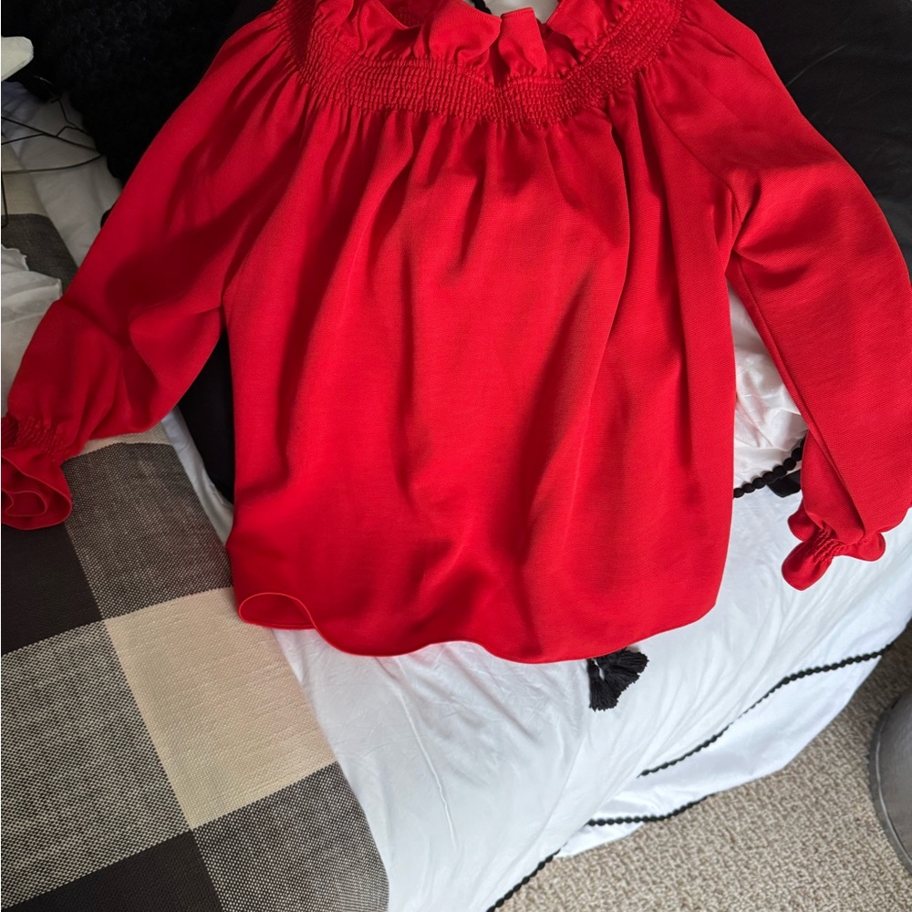 Vibrant Red Blouse with Ruffled Neckline